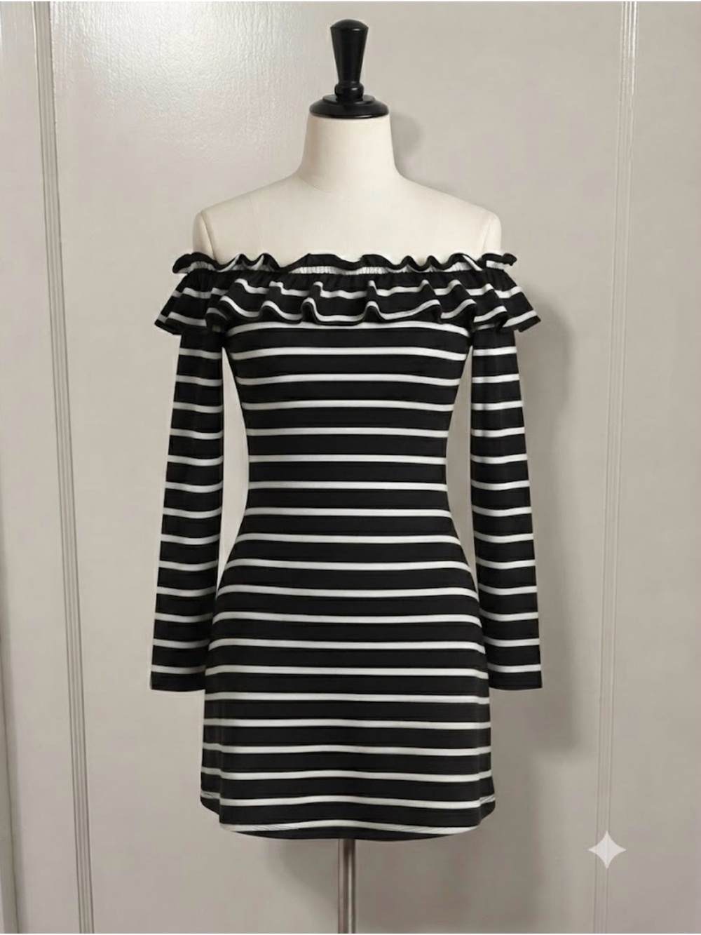 Sugarlips Black and White Striped Off-Shoulder Long Sleeve Dress